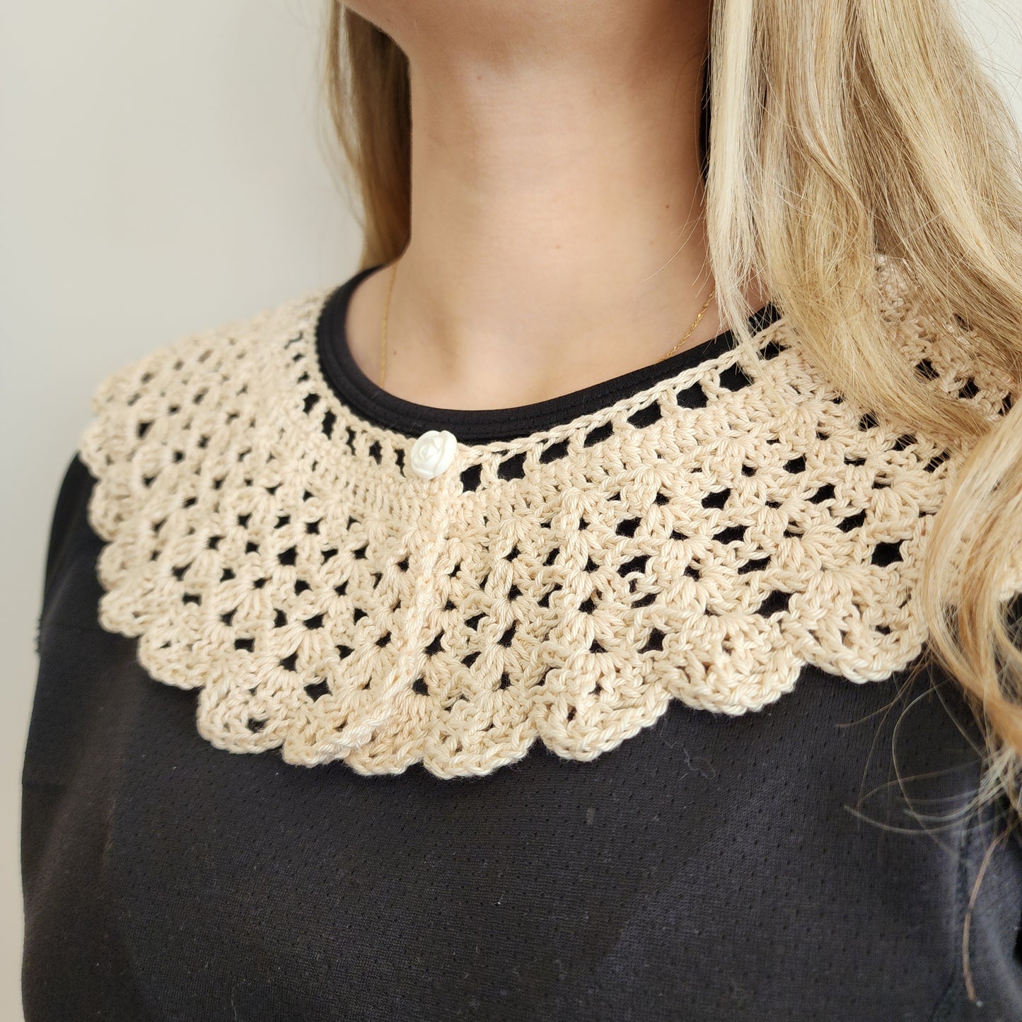 Photo of a woman wearing a Victorian Whisper Crochet lace collar