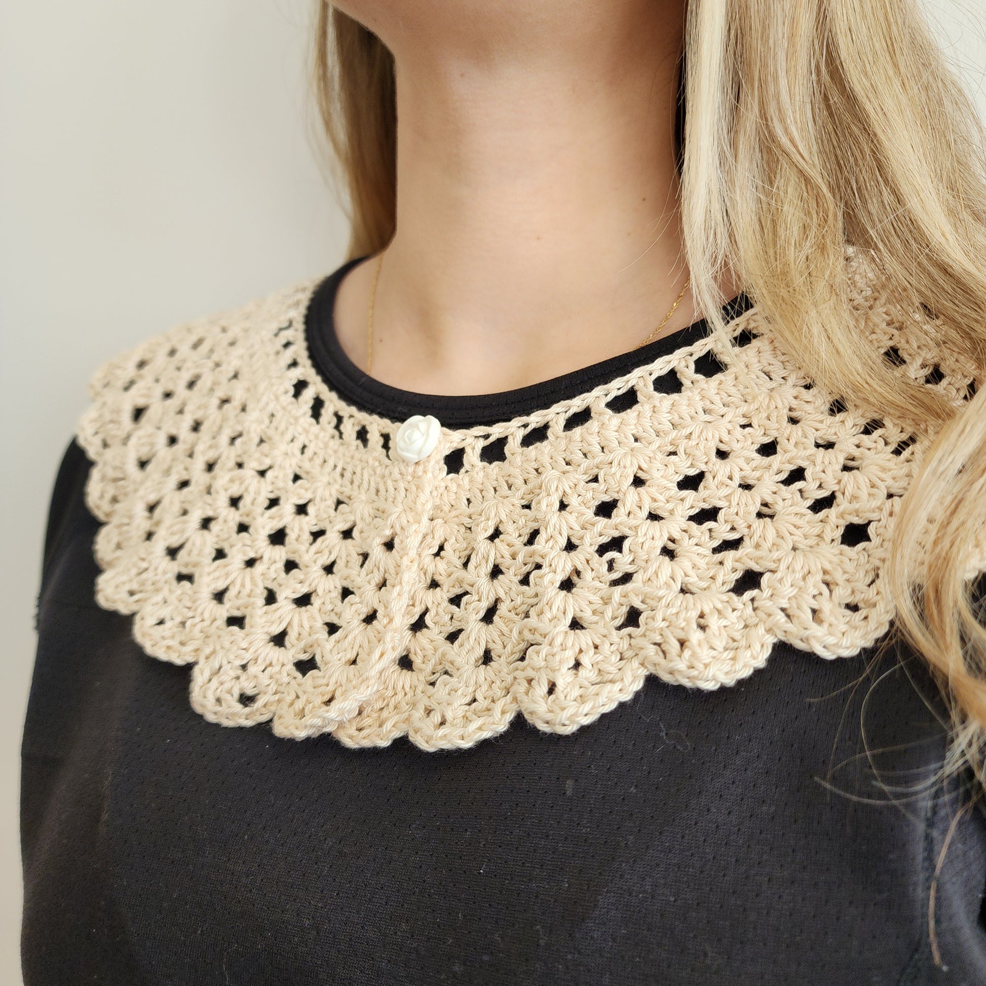 Photo of a woman wearing a Victorian Whisper Crochet lace collar