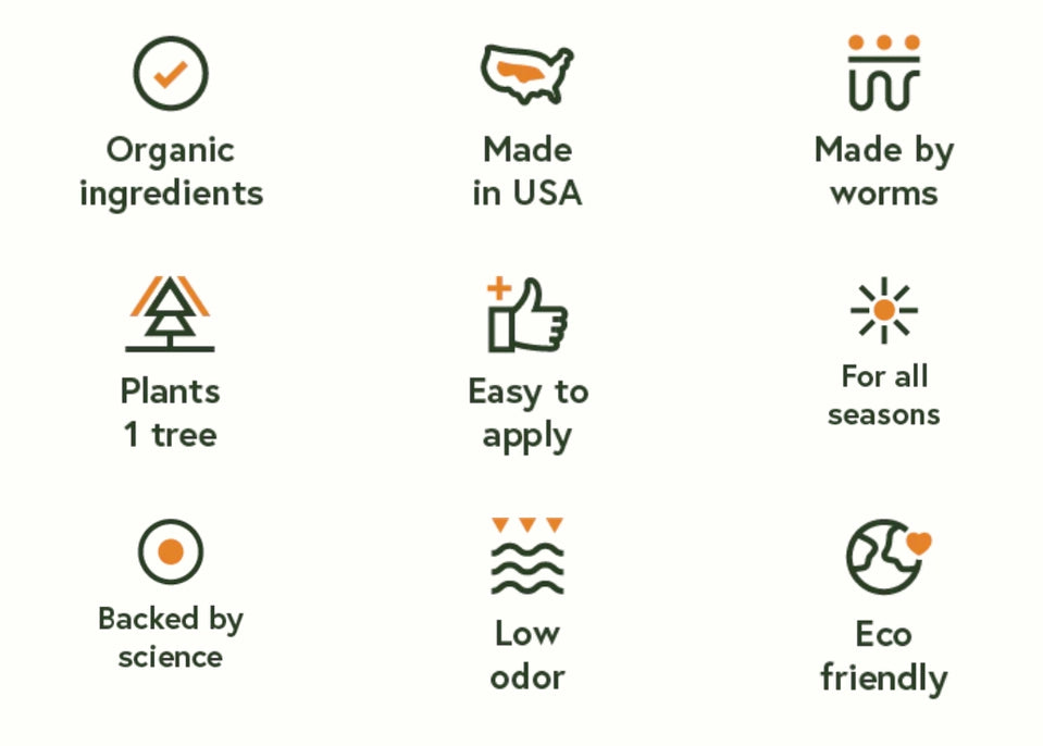 Neem oil features: organic ingredients, made in USA, made by worms, plants 1 tree, easy to apply, for all seasons, backed by science, low odor, eco friendly